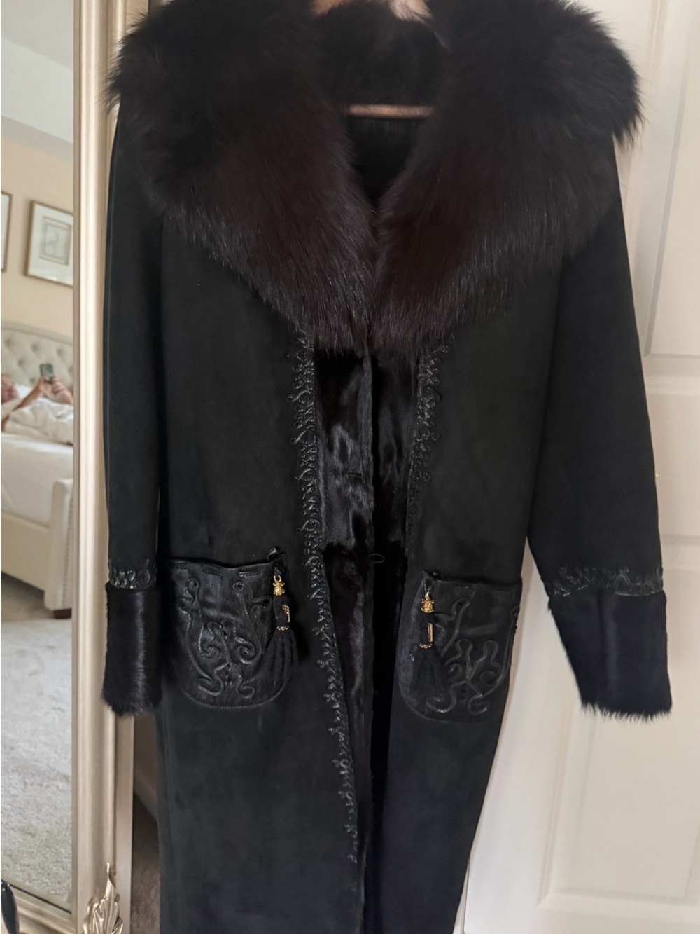Paolo Black Shearling Trench Coat with Fur Collar